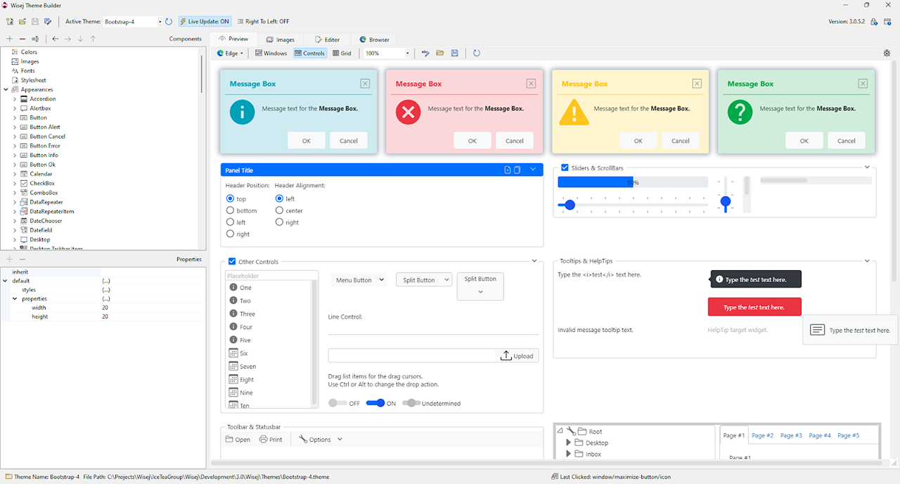 The Wisej.NET Theme Builder application: a theme tree and properties panel on the left, with a live preview of styled message boxes, panels, sliders and other controls on the right.